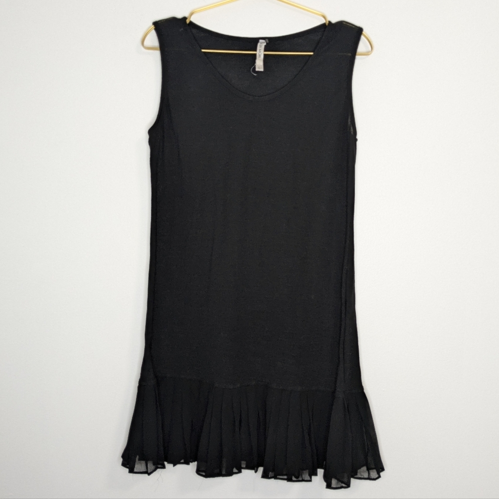 Mür Mür Large Black Tank Top Mini Dress w/ Tiered‎ Sheer Pleated Ruffle Button